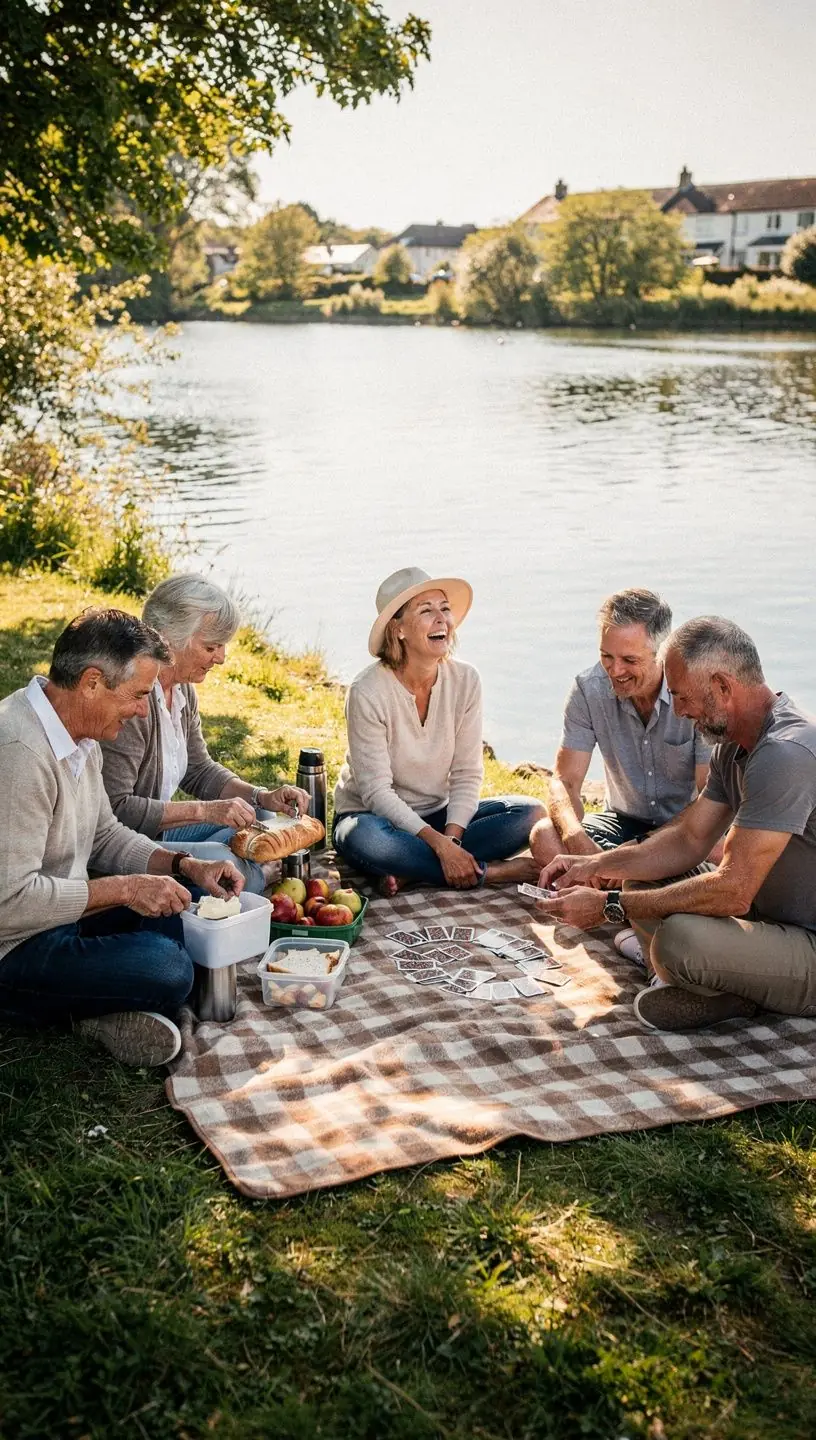 Community members enjoying a potluck gathering outdoors.